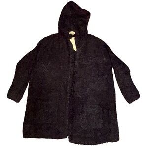 NWT Love Stitch Black Fuzzy Hooded Cardigan Sweater Open Front Size: L/XL